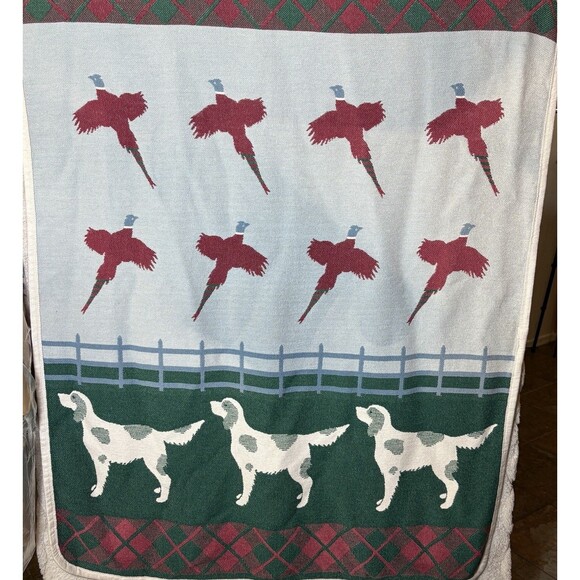 VTG 80s Quail Hunting Dog Blanket Reversible Throw Cotton Knit 49"x60" Birds - Picture 1 of 5